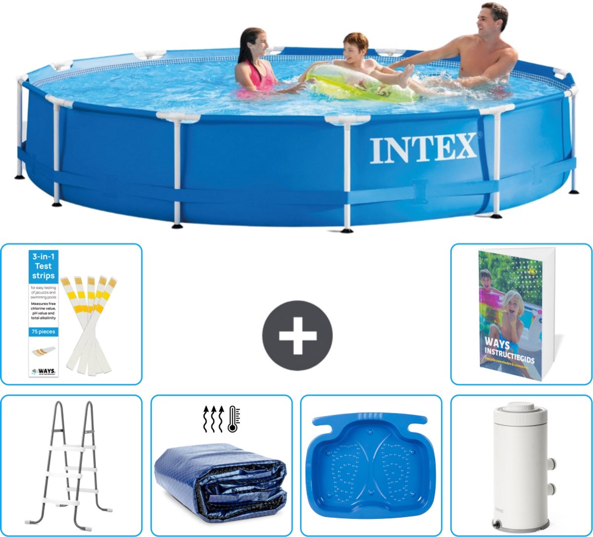 Intex Rond Frame Zwembad - 366 x 76 cm - Blauw - Inclusief Ladder - Solarzeil - Voetenbad - Zwembadfilterpomp - 7-delig