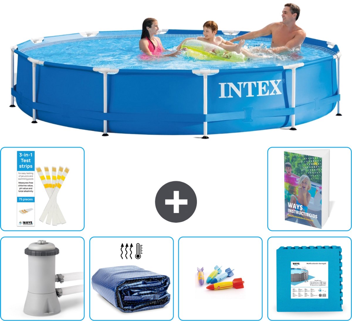 Intex Rond Frame Zwembad - 366 x 76 cm - Blauw - Inclusief Pomp - Solarzeil - Speelgoed - Vloertegels - 7-delig