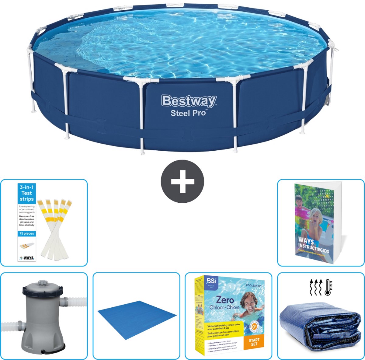 Bestway Rond Steel Pro Zwembad - 396 x 84 cm - Blauw - Inclusief Pomp - Grondzeil - Onderhoudspakket - Solarzeil - 7-delig