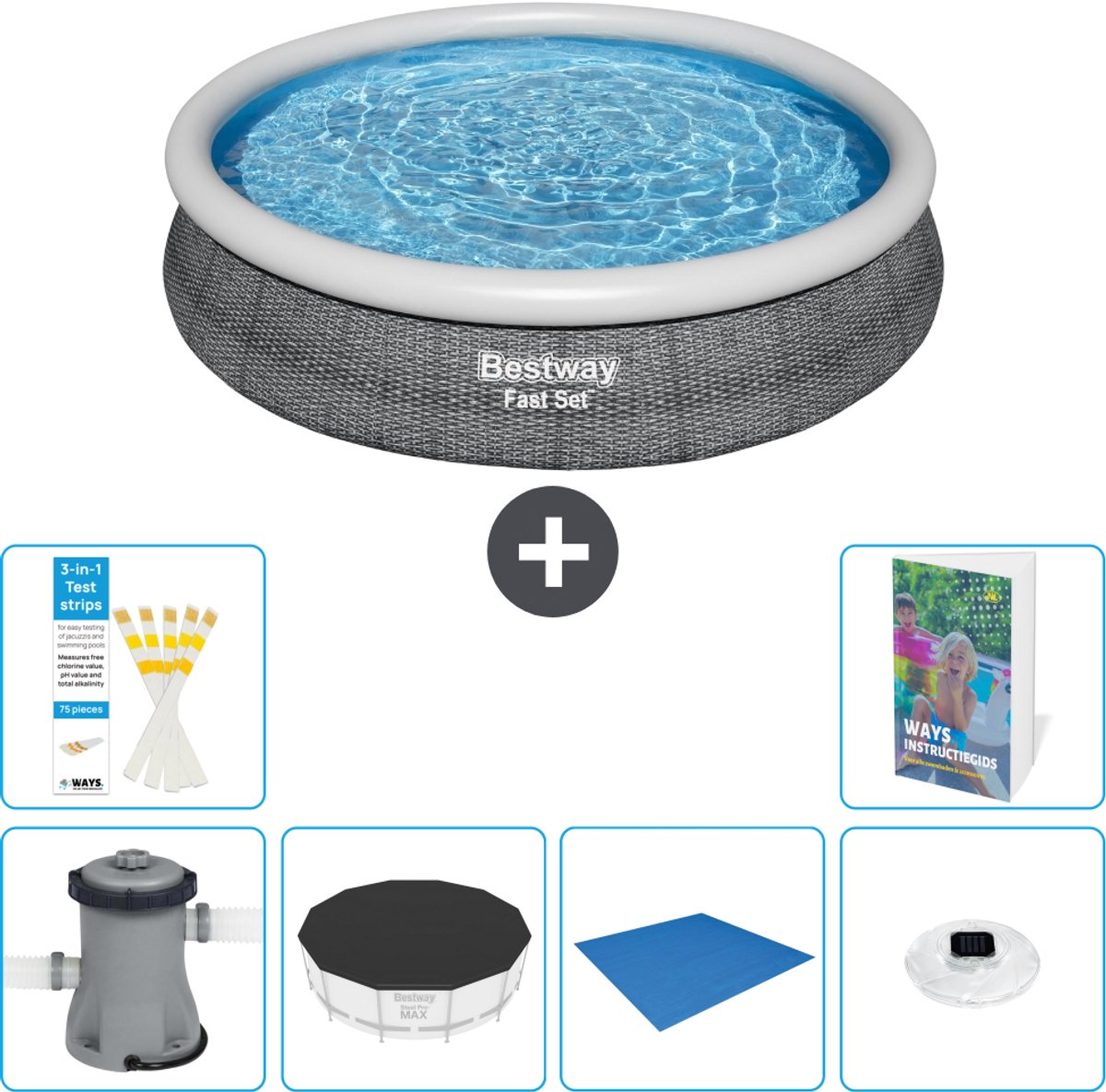 Bestway Rond Opblaasbaar Fast Set Zwembad - Rotanprint - 366 x 76 cm - Inclusief Pomp - Afdekzeil - Grondzeil - Verlichting - 7-delig