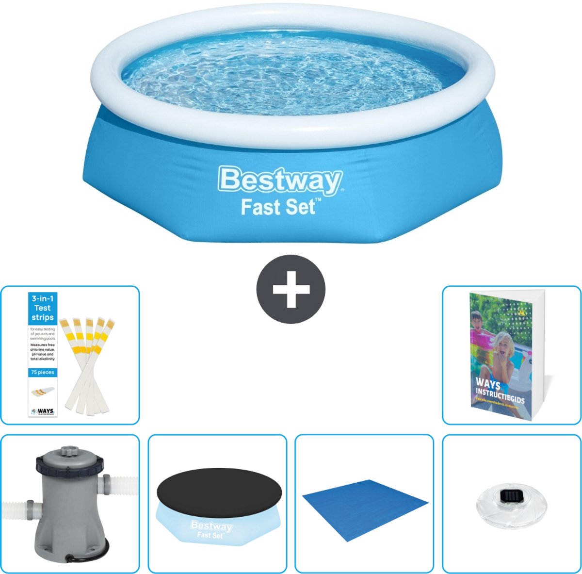 Bestway Rond Opblaasbaar Fast Set Zwembad - 244 x 61 cm - Blauw - Inclusief Pomp - Afdekzeil - Grondzeil - Verlichting - 7-delig