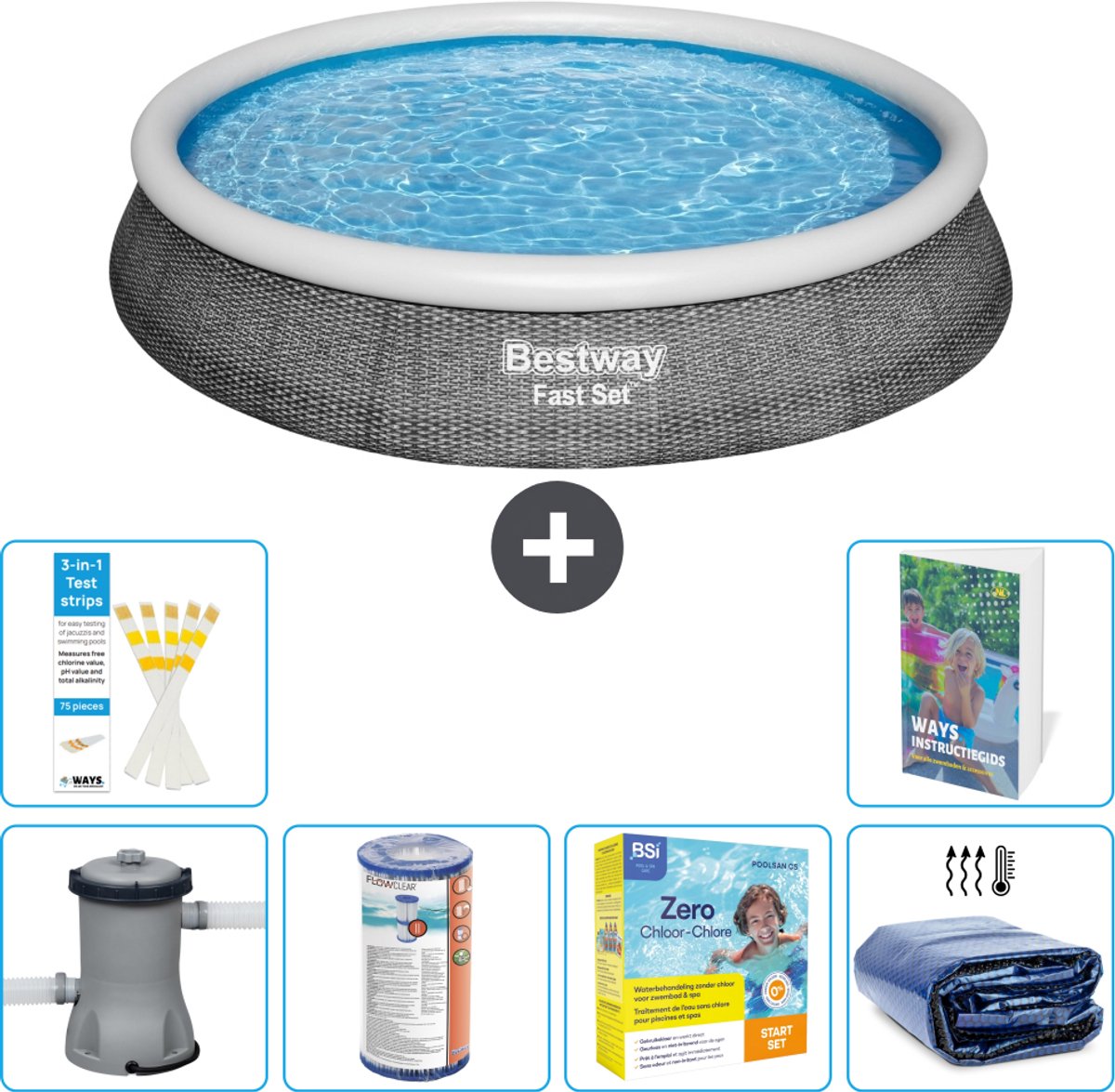 Bestway Rond Opblaasbaar Fast Set Zwembad - Rotanprint - 396 x 84 cm - Inclusief Pomp - Filter - Onderhoudspakket - Solarzeil - 7-delig