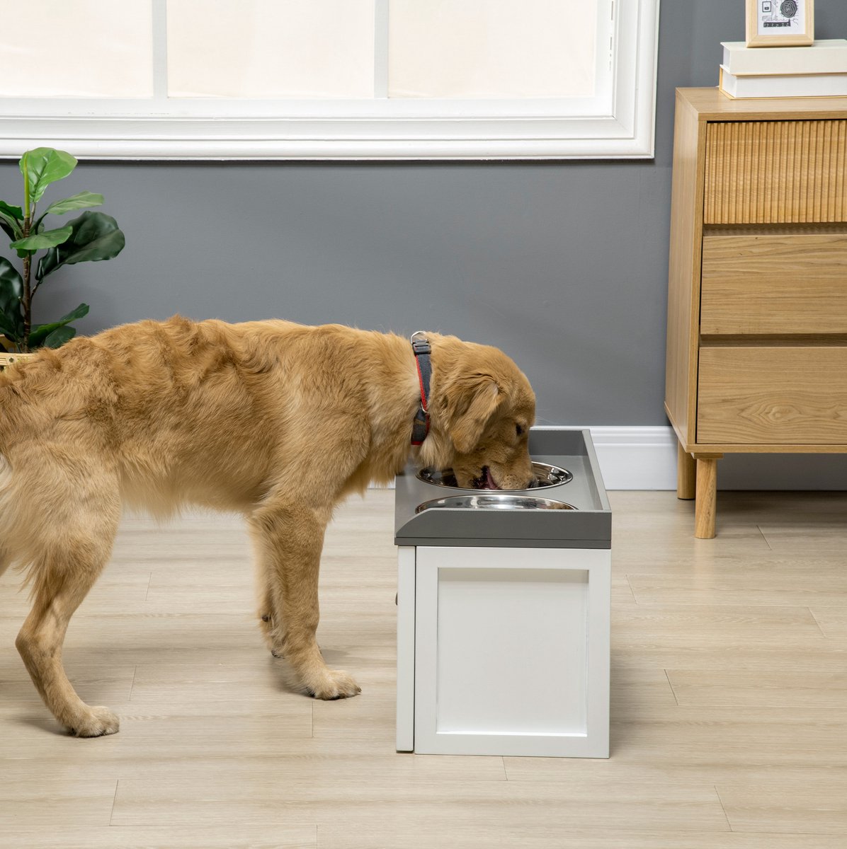 REDOM- Voerbak - Dubbele verhoogde voerbak met lade - RVS schalen - Moderne stijl - Voor honden - Wit - 60 x 30 x 36 cm - 2x2L