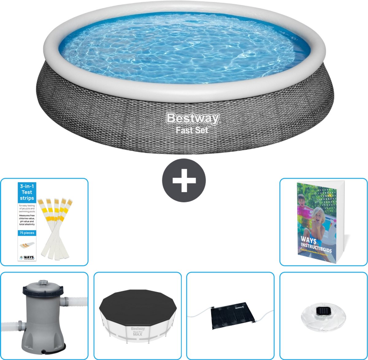 Bestway Rond Opblaasbaar Fast Set Zwembad - Rotanprint - 396 x 84 cm - Inclusief Pomp - Afdekzeil - Solar Mat - Verlichting - 7-delig