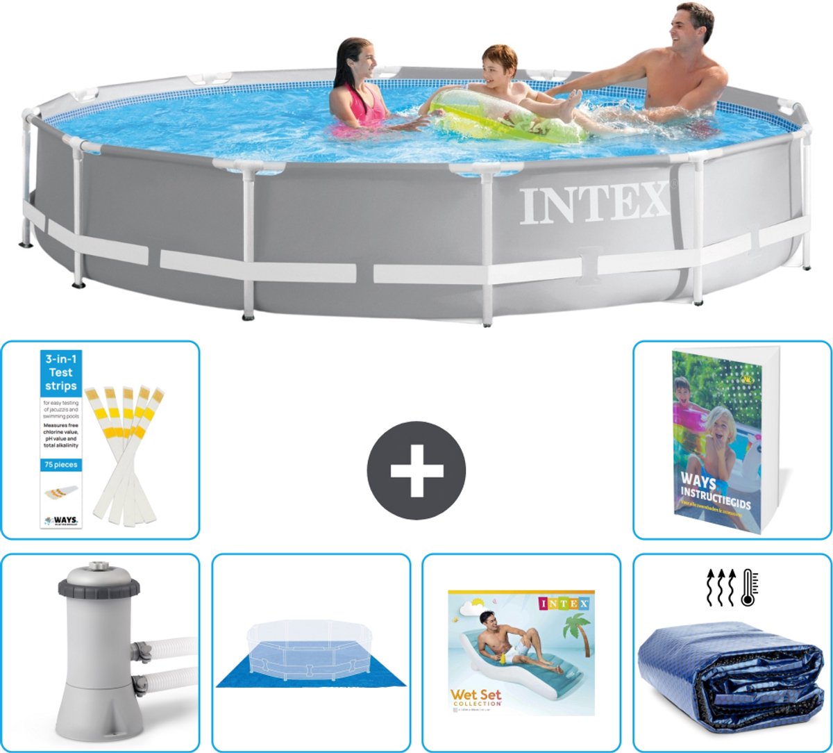 Intex Rond Prism Frame Zwembad - 366 x 76 cm - Grijs - Inclusief Pomp - Grondzeil - Loungebed - Solarzeil - 7-delig