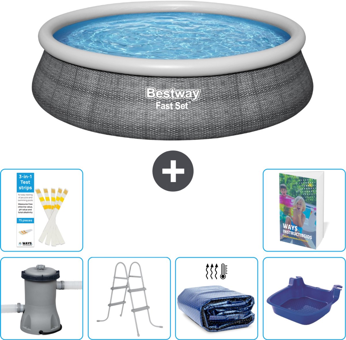 Bestway Rond Opblaasbaar Fast Set Zwembad - Rotanprint - 457 x 84 cm - Inclusief Pomp - Ladder - Solarzeil - Voetenbad - 7-delig