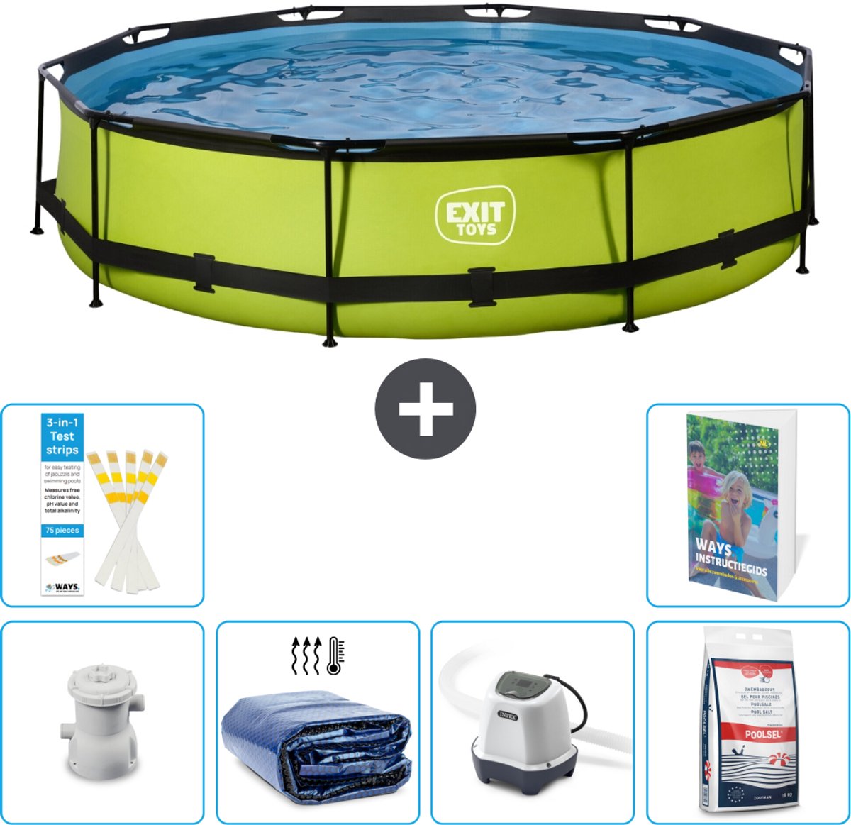 EXIT Rond Lime Frame Zwembad - 360 x 76 cm - Inclusief Pomp - Solarzeil - Zoutwatersysteem - Zwembadzout - 7-delig