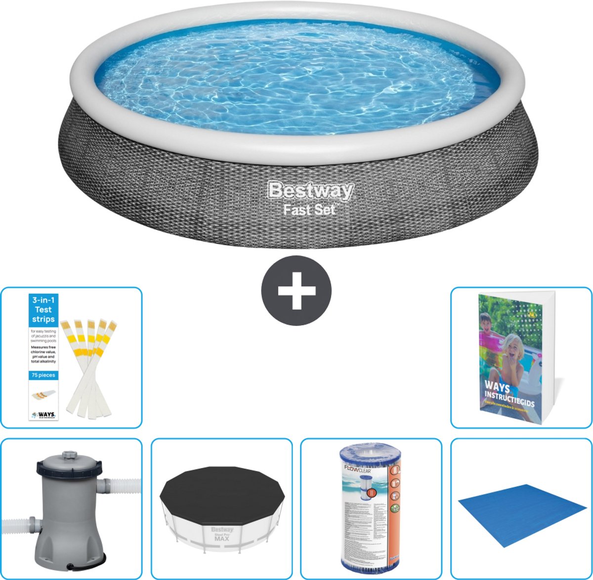 Bestway Rond Opblaasbaar Fast Set Zwembad - Rotanprint - 396 x 84 cm - Inclusief Pomp - Afdekzeil - Filter - Grondzeil - 7-delig