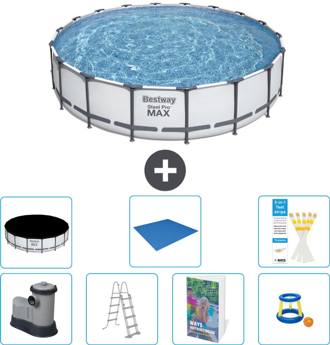 Bestway Rond Steel Pro MAX Zwembad - 549 x 122 cm - Grijs - Inclusief Pomp - Ladder - Afdekzeil - Grondzeil - Speelgoed - 8-delig