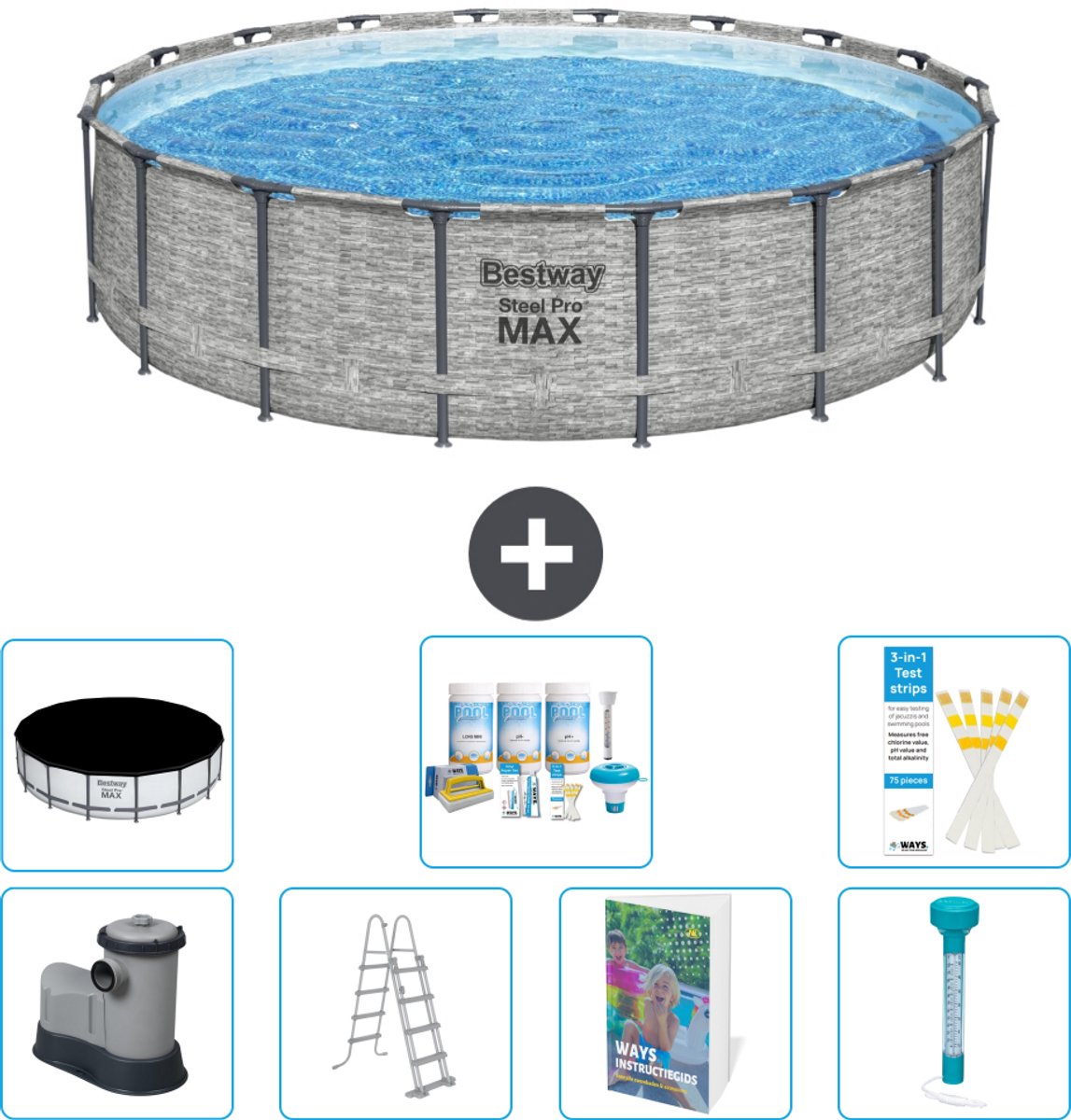 Bestway Rond Steel Pro MAX Zwembad - Steenprint - 549 x 122 - Inclusief Pomp - Ladder - Afdekzeil - Onderhoudspakket - Thermometer - 8-delig