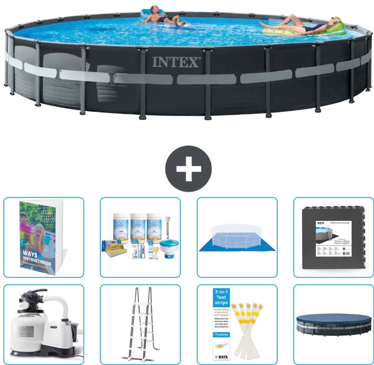 Intex Rond Ultra XTR Frame Zwembad - 732 x 132 cm - Inclusief Pomp - Ladder - Grondzeil - Afdekzeil - Onderhoudspakket - Vloertegels - 9-delig