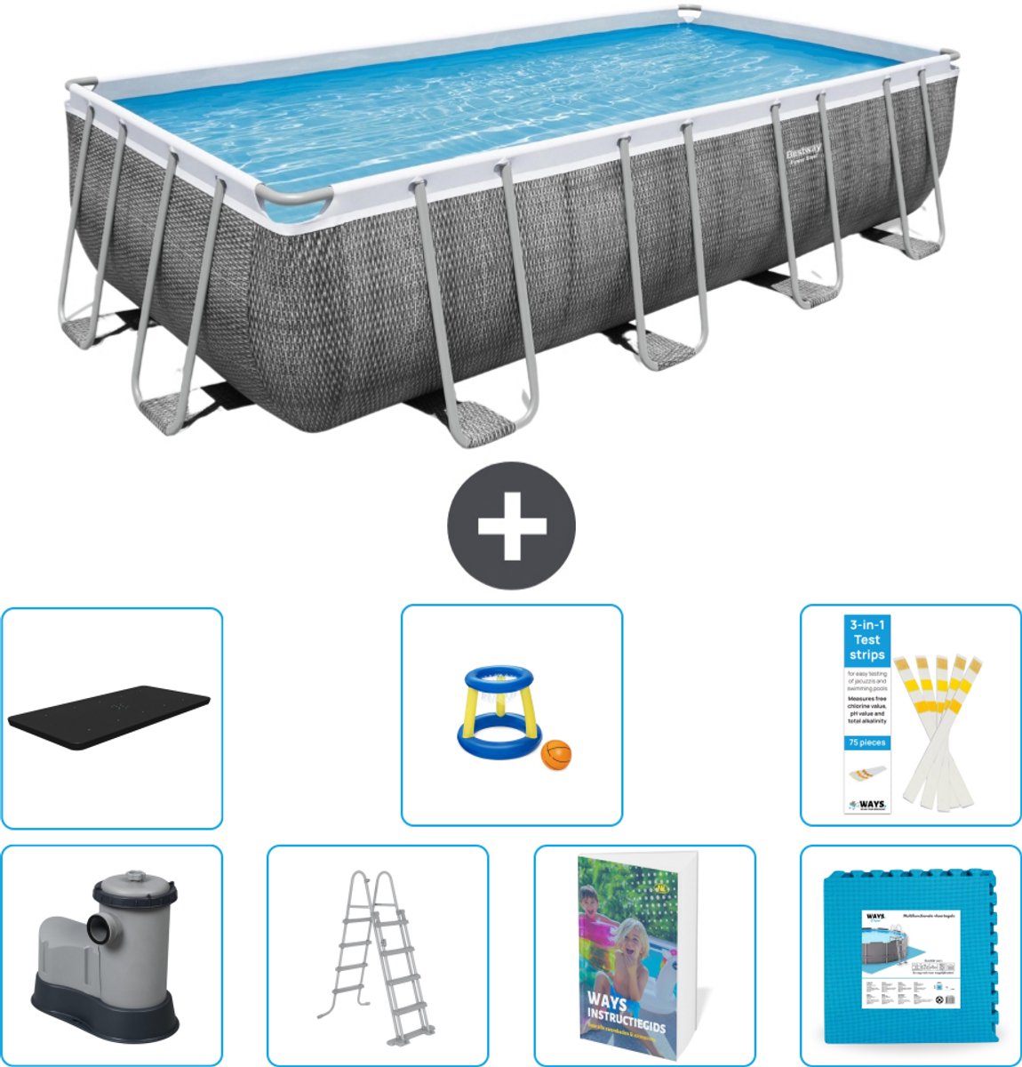 Bestway Rechthoekig Power Steel Zwembad - Rattanprint - 549 x 274 x 122 - Inclusief Pomp - Ladder - Afdekzeil - Speelgoed - Vloertegels - 8-delig