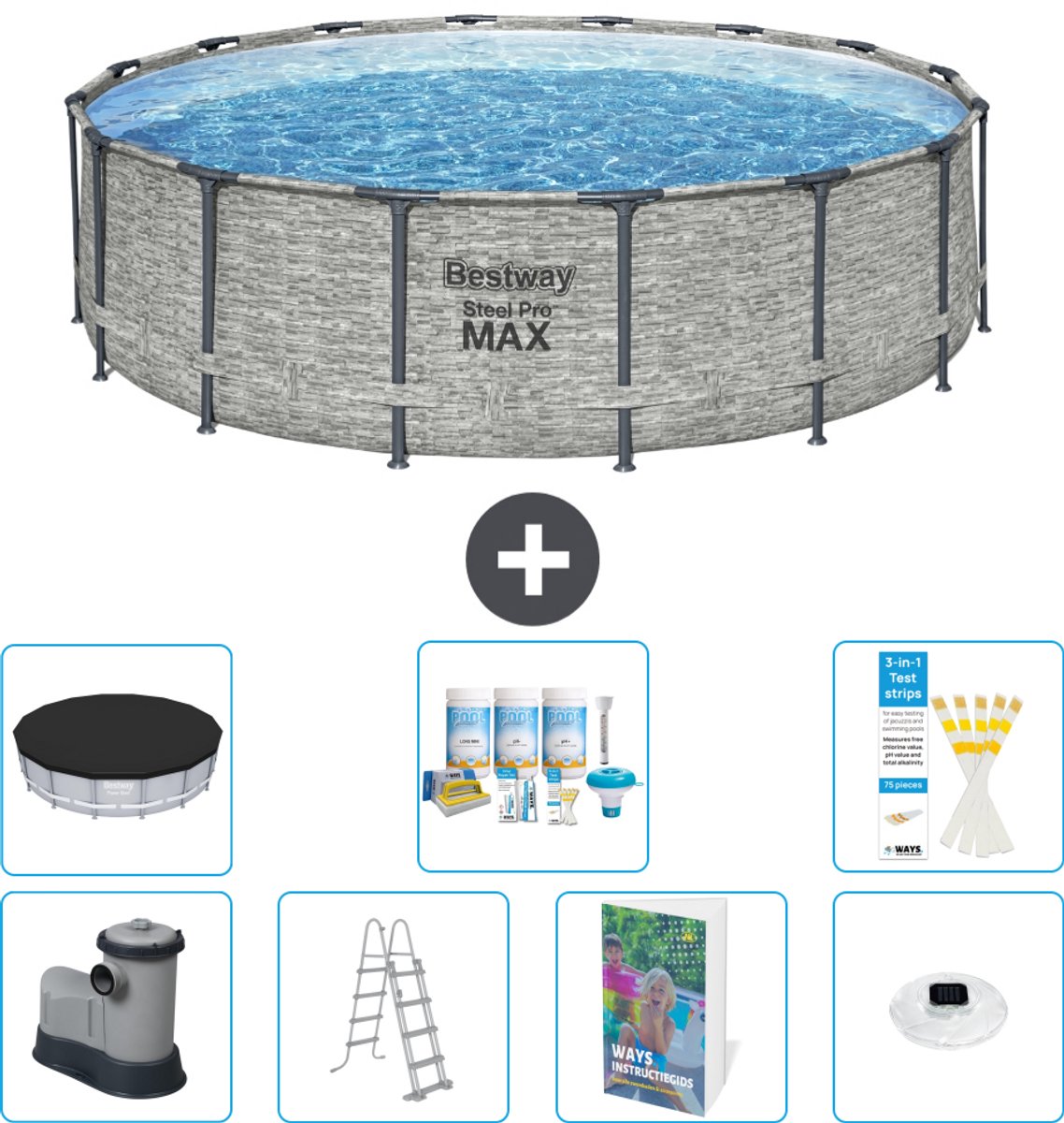 Bestway Rond Steel Pro MAX Zwembad - Steenprint - 488 x 122 cm - Inclusief Pomp - Ladder - Afdekzeil - Onderhoudspakket - Verlichting - 8-delig