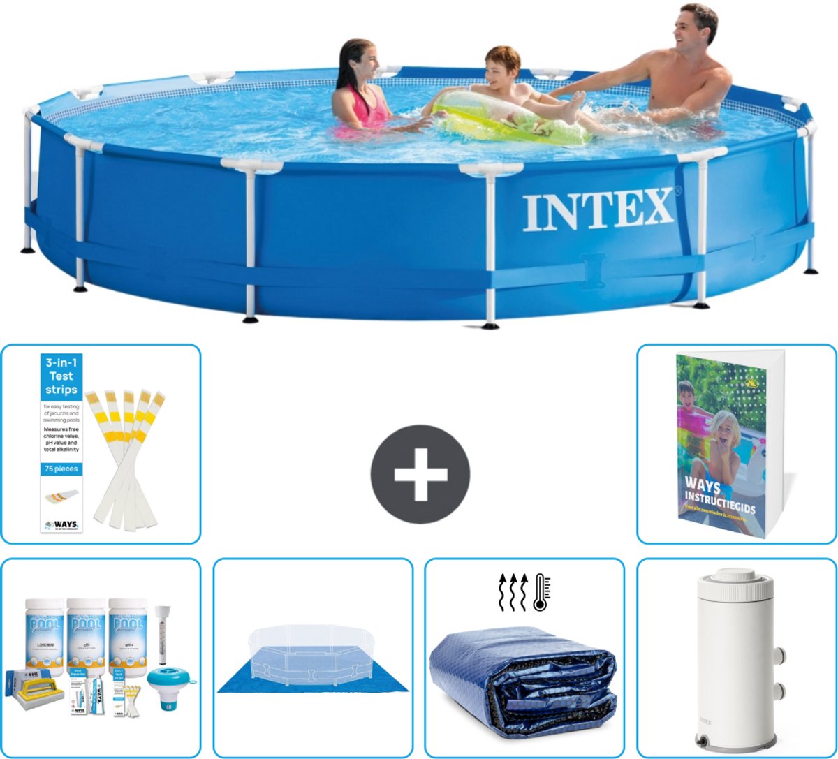 Intex Rond Frame Zwembad - 366 x 76 cm - Blauw - Inclusief Onderhoudspakket - Grondzeil - Solarzeil - Zwembadfilterpomp - 7-delig