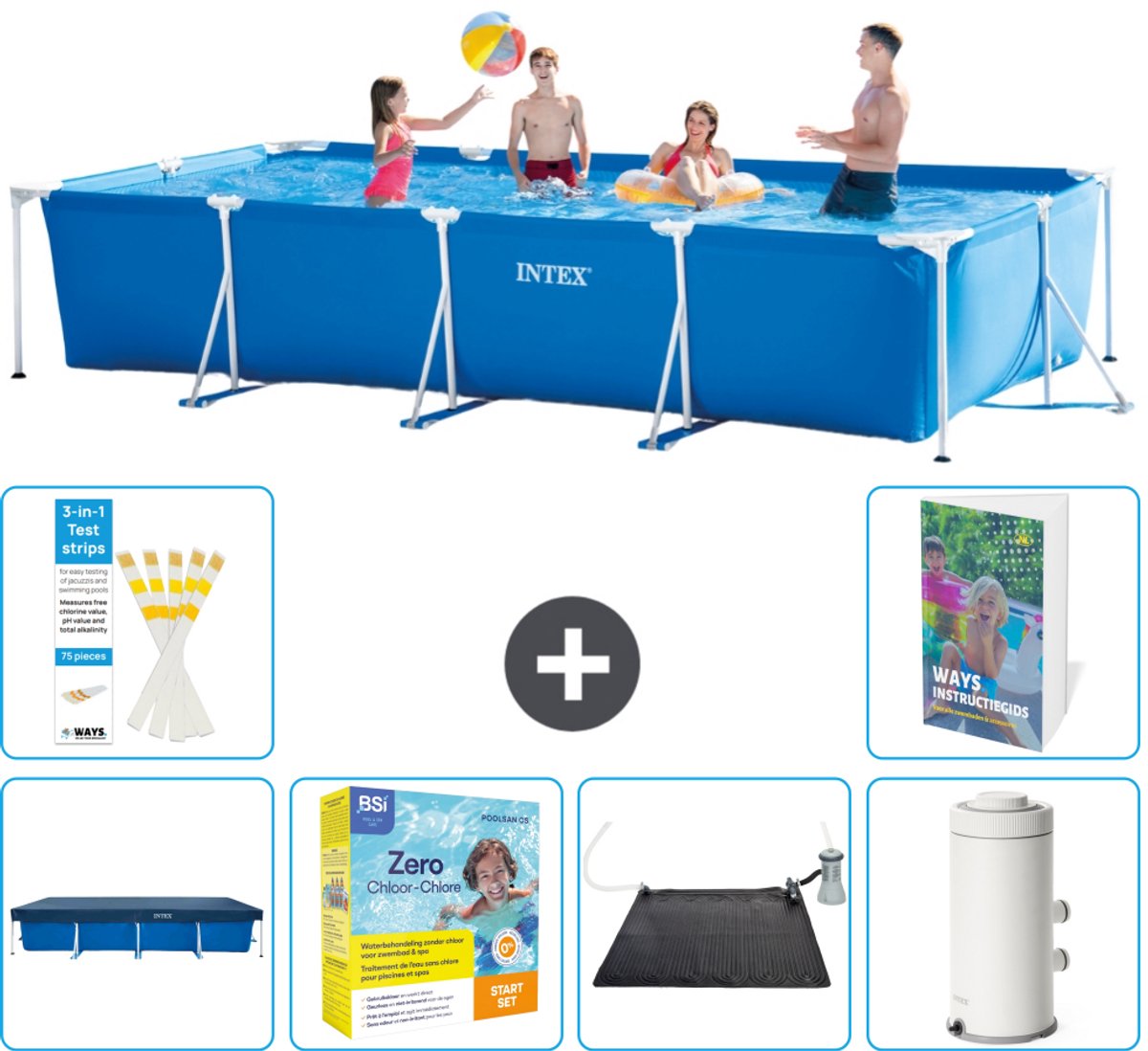 Intex Rechthoekig Frame Zwembad - 450 x 220 x 84 cm - Blauw - Inclusief Afdekzeil - Onderhoudspakket - Solar Mat - Zwembadfilterpomp - 7-delig