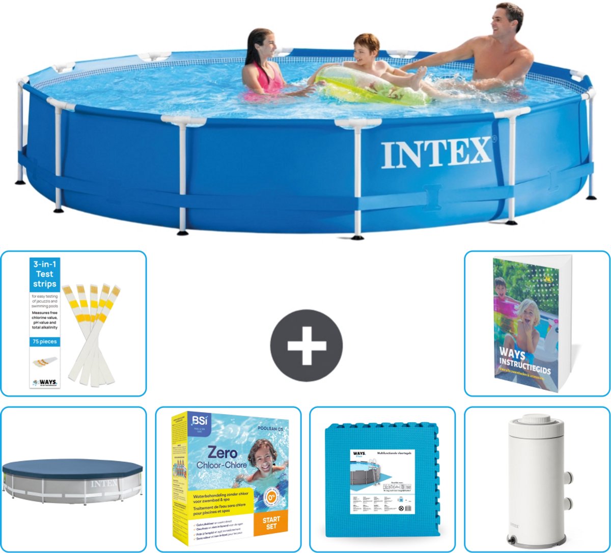 Intex Rond Frame Zwembad - 366 x 76 cm - Blauw - Inclusief Afdekzeil - Onderhoudspakket - Vloertegels - Zwembadfilterpomp - 7-delig