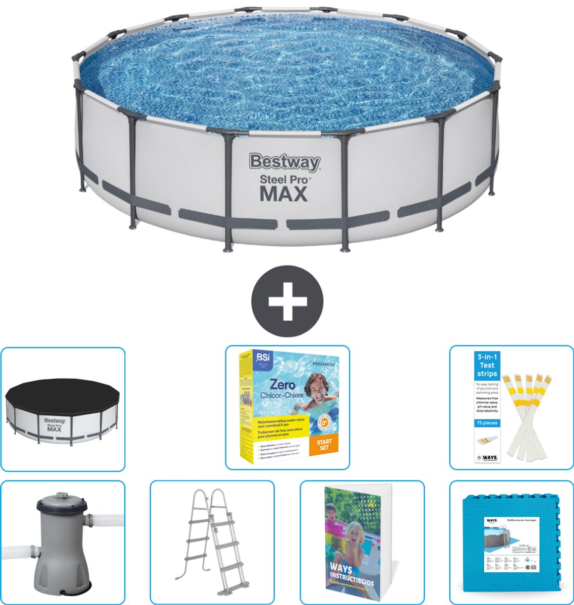Bestway Rond Steel Pro MAX Zwembad - 427 x 107 cm - Grijs - Inclusief Pomp - Ladder - Afdekzeil - Onderhoudspakket - Vloertegels - 8-delig