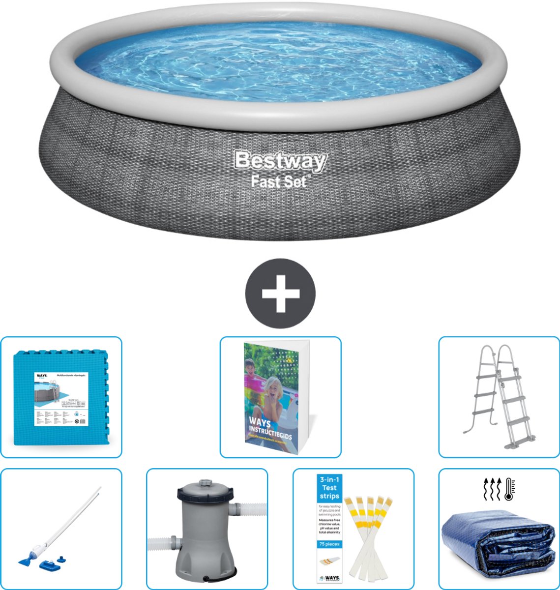 Bestway Rond Opblaasbaar Fast Set Zwembad - Rotanprint - 457 x 107 cm - Inclusief Pomp - Ladder - Solarzeil - Vloertegels - Stofzuiger - 8-delig