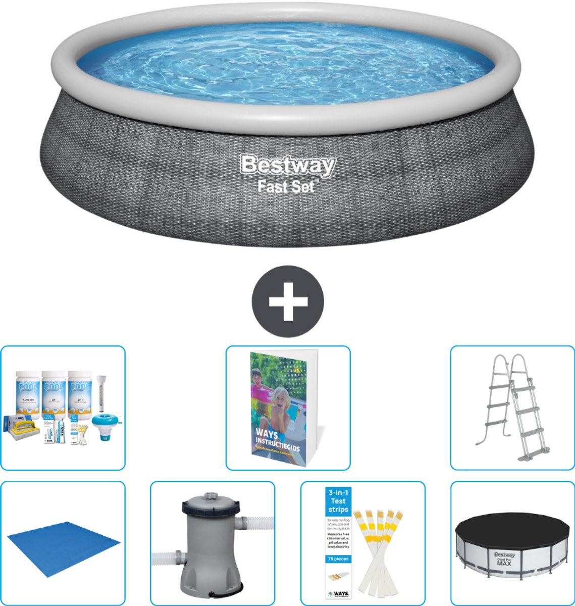Bestway Rond Opblaasbaar Fast Set Zwembad - Rotanprint - 457 x 107 cm - Inclusief Pomp - Ladder - Afdekzeil - Onderhoudspakket - Grondzeil - 8-delig