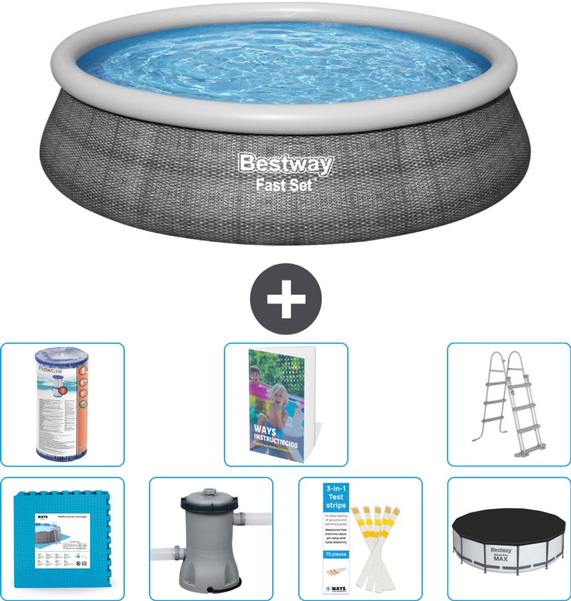 Bestway Rond Opblaasbaar Fast Set Zwembad - Rotanprint - 457 x 107 cm - Inclusief Pomp - Ladder - Afdekzeil - Filter - Vloertegels - 8-delig