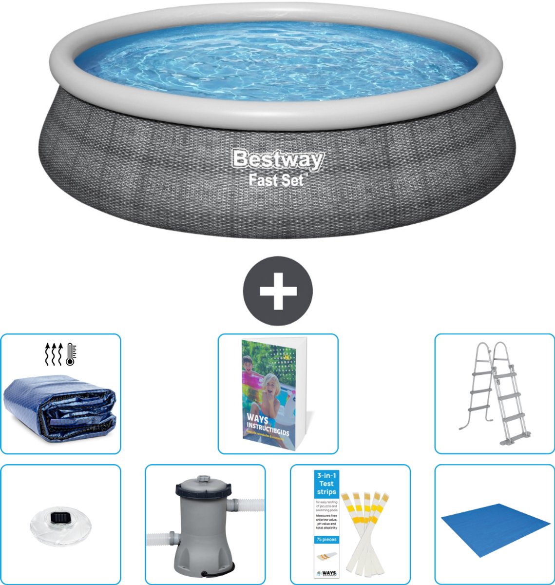 Bestway Rond Opblaasbaar Fast Set Zwembad - Rotanprint - 457 x 107 cm - Inclusief Pomp - Ladder - Grondzeil - Solarzeil - Verlichting - 8-delig