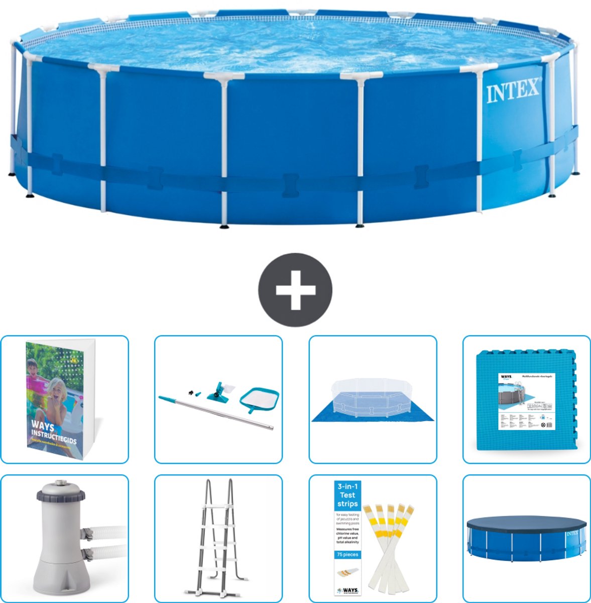 Intex Rond Frame Zwembad - 457 x 122 cm - Blauw - Inclusief Pomp - Ladder - Grondzeil - Afdekzeil - Schoonmaakset - Vloertegels - 9-delig