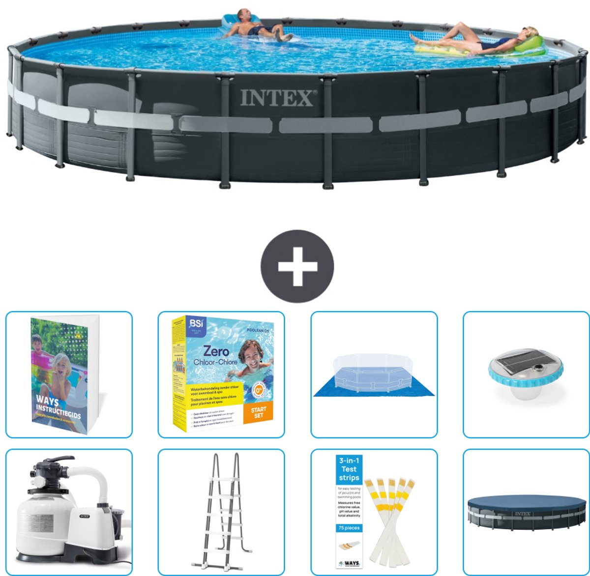 Intex Rond Ultra XTR Frame Zwembad - 732 x 132 cm - Inclusief Pomp - Ladder - Grondzeil - Afdekzeil - Onderhoudspakket - Verlichting - 9-delig
