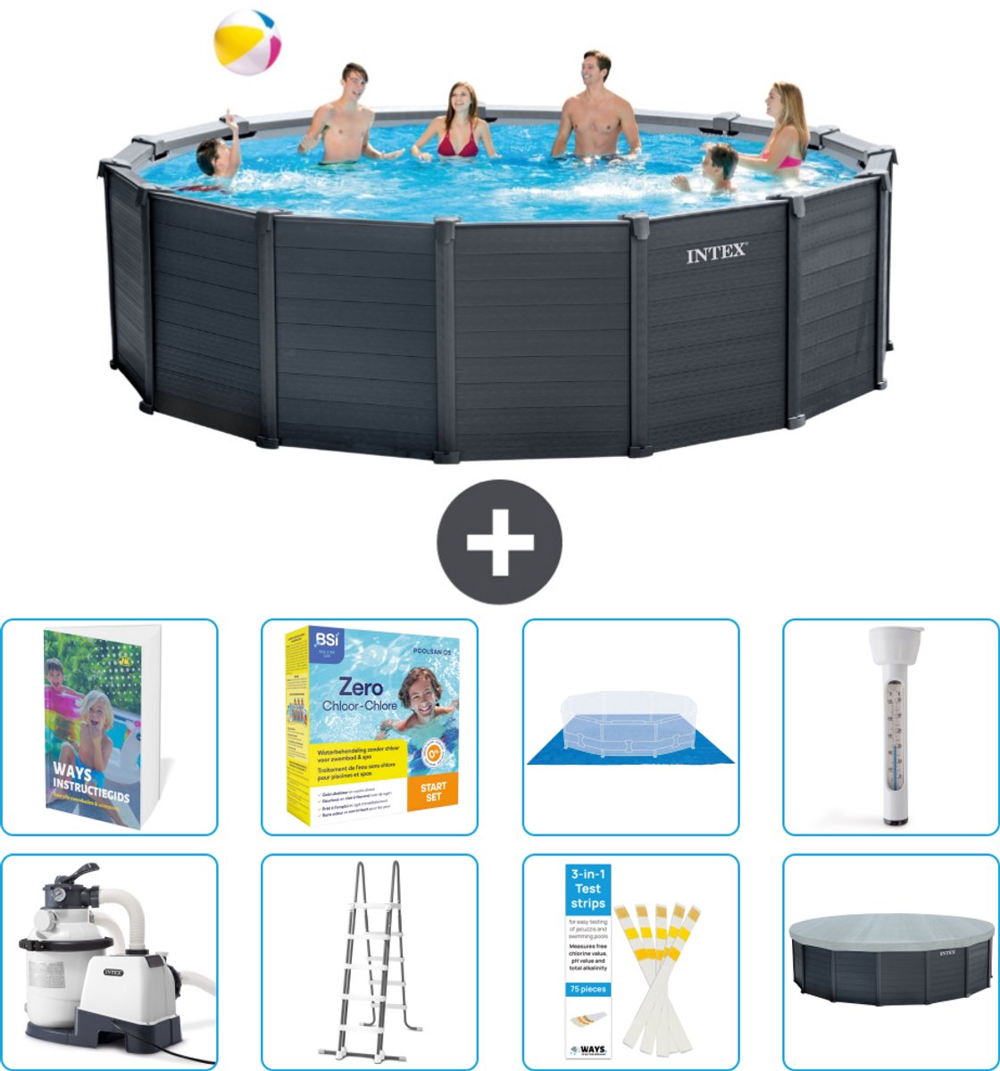 Intex Rond Graphite Gray Panel Zwembad - 478 x 124 cm - Inclusief Pomp - Ladder - Grondzeil - Afdekzeil - Onderhoudspakket - Thermometer - 9-delig