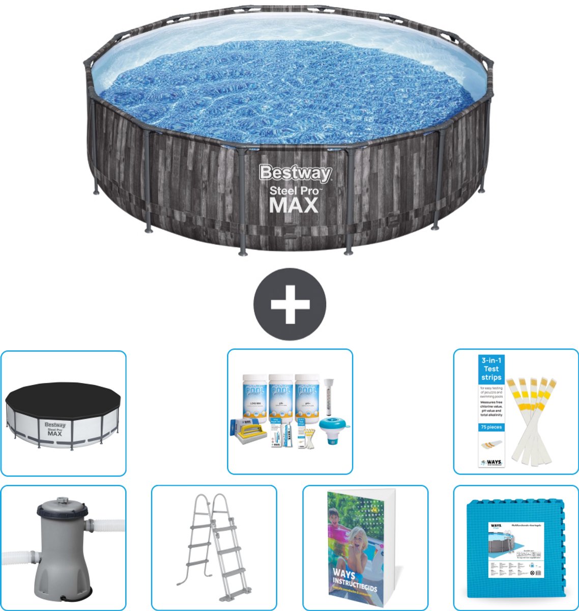 Bestway Rond Steel Pro MAX Zwembad - Houtprint - 427 x 107 cm - Inclusief Pomp - Ladder - Afdekzeil - Onderhoudspakket - Vloertegels - 8-delig