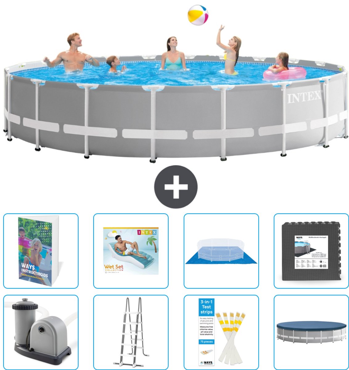 Intex Rond Prism Frame Zwembad - 610 x 132 cm - Grijs - Inclusief Pomp - Ladder - Grondzeil - Afdekzeil - Loungebed - Vloertegels - 9-delig