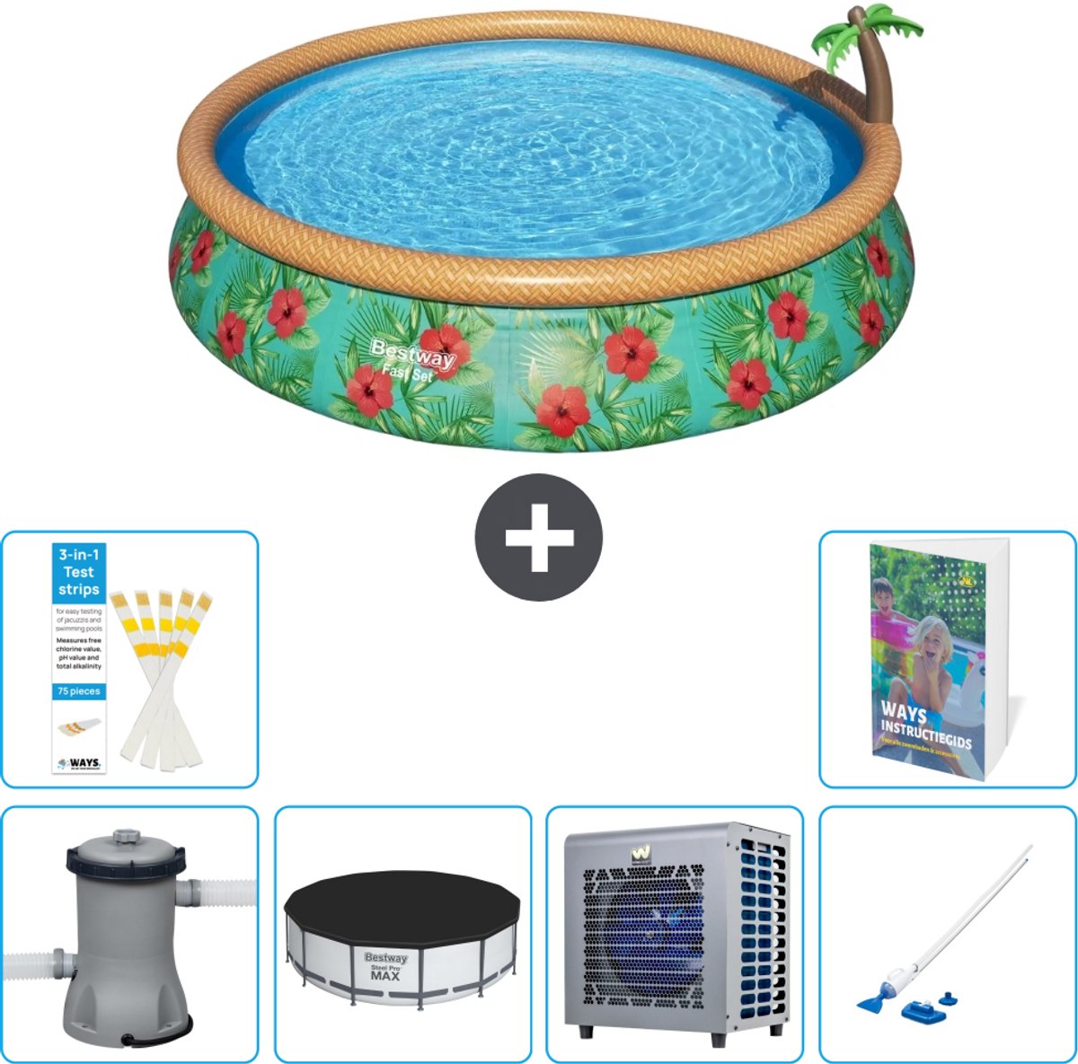 Bestway Rond Opblaasbaar Fast Set Zwembad - Paradijsprint - 457 x 84 cm - Inclusief Pomp - Afdekzeil - Warmtepomp - Stofzuiger - 7-delig