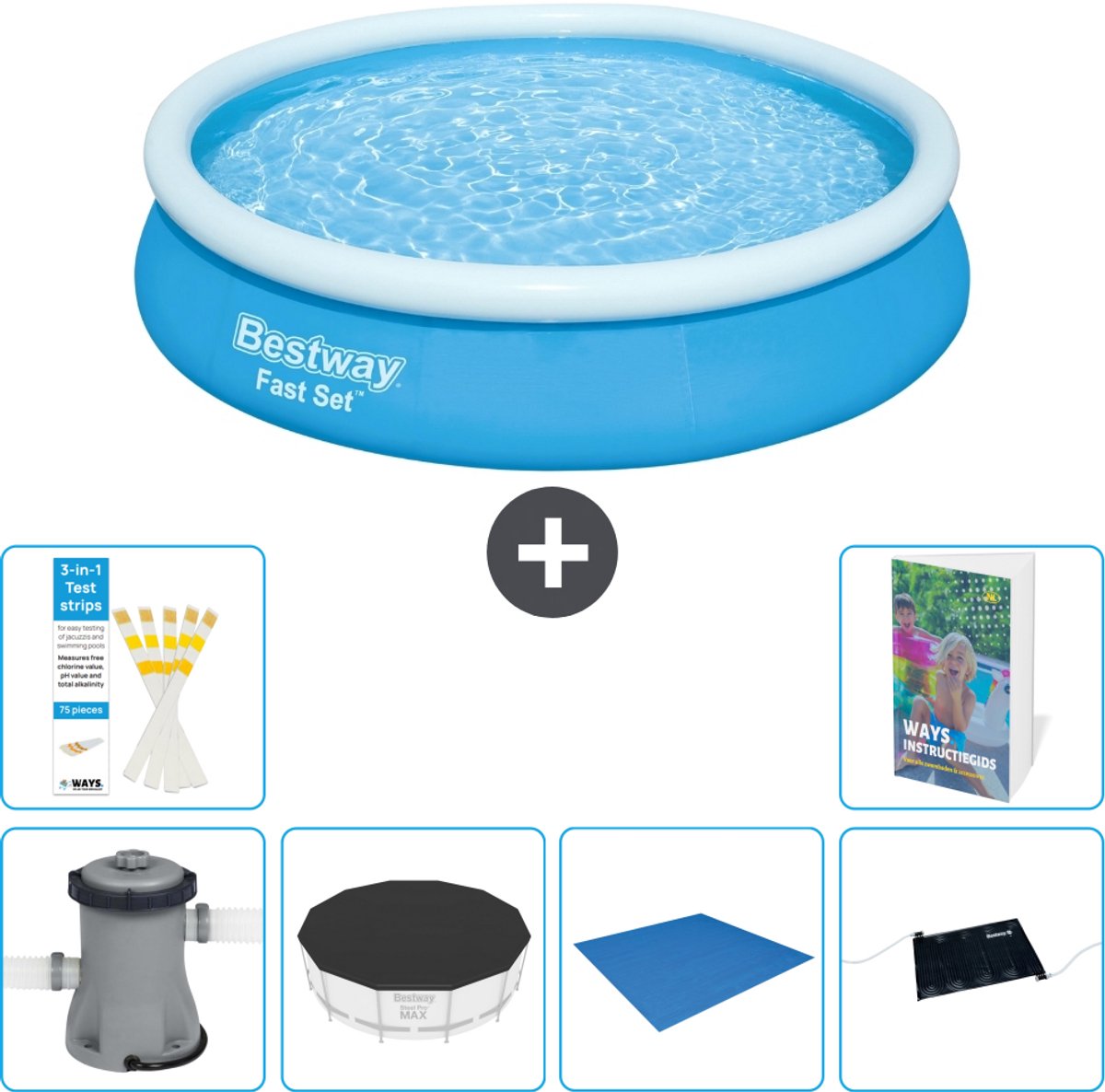 Bestway Rond Opblaasbaar Fast Set Zwembad - 366 x 76 cm - Blauw - Inclusief Pomp - Afdekzeil - Grondzeil - Solar Mat - 7-delig