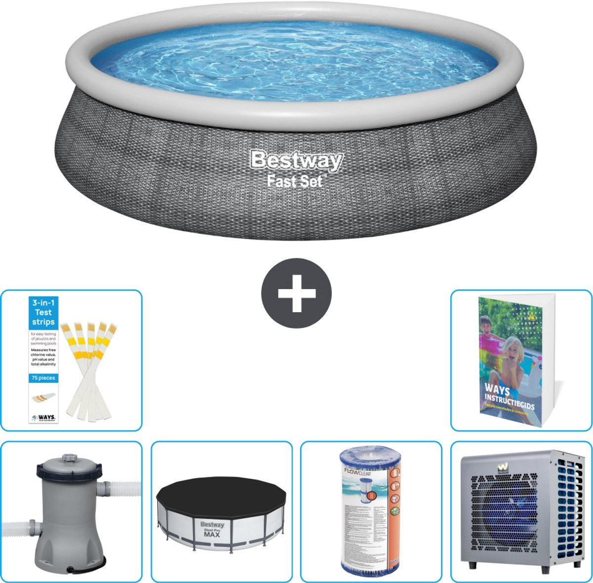 Bestway Rond Opblaasbaar Fast Set Zwembad - Rotanprint - 457 x 84 cm - Inclusief Pomp - Afdekzeil - Filter - Warmtepomp - 7-delig