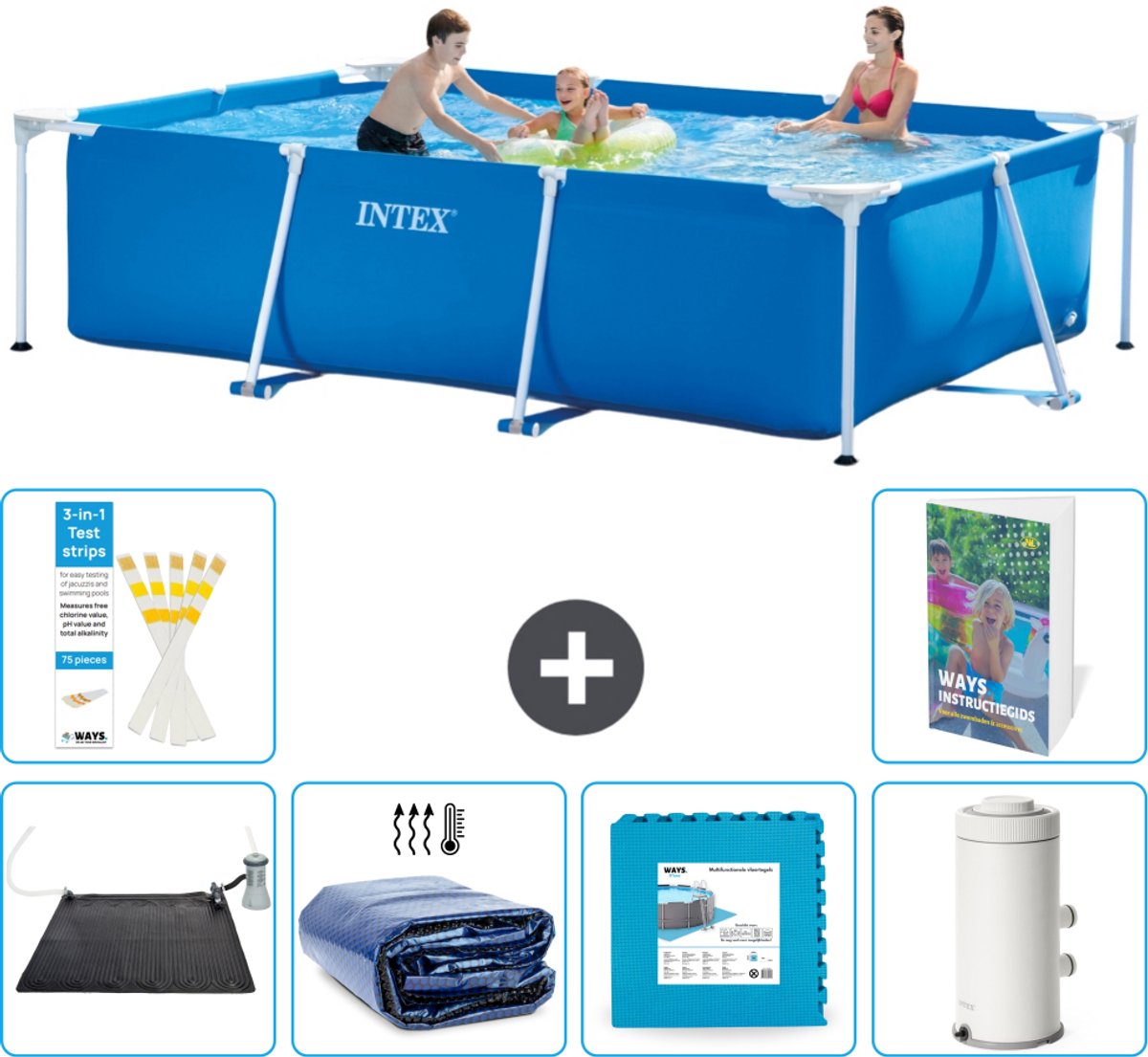 Intex Rechthoekig Frame Zwembad - 300 x 200 x 75 cm - Blauw - Inclusief Solar Mat - Solarzeil - Vloertegels - Zwembadfilterpomp - 7-delig