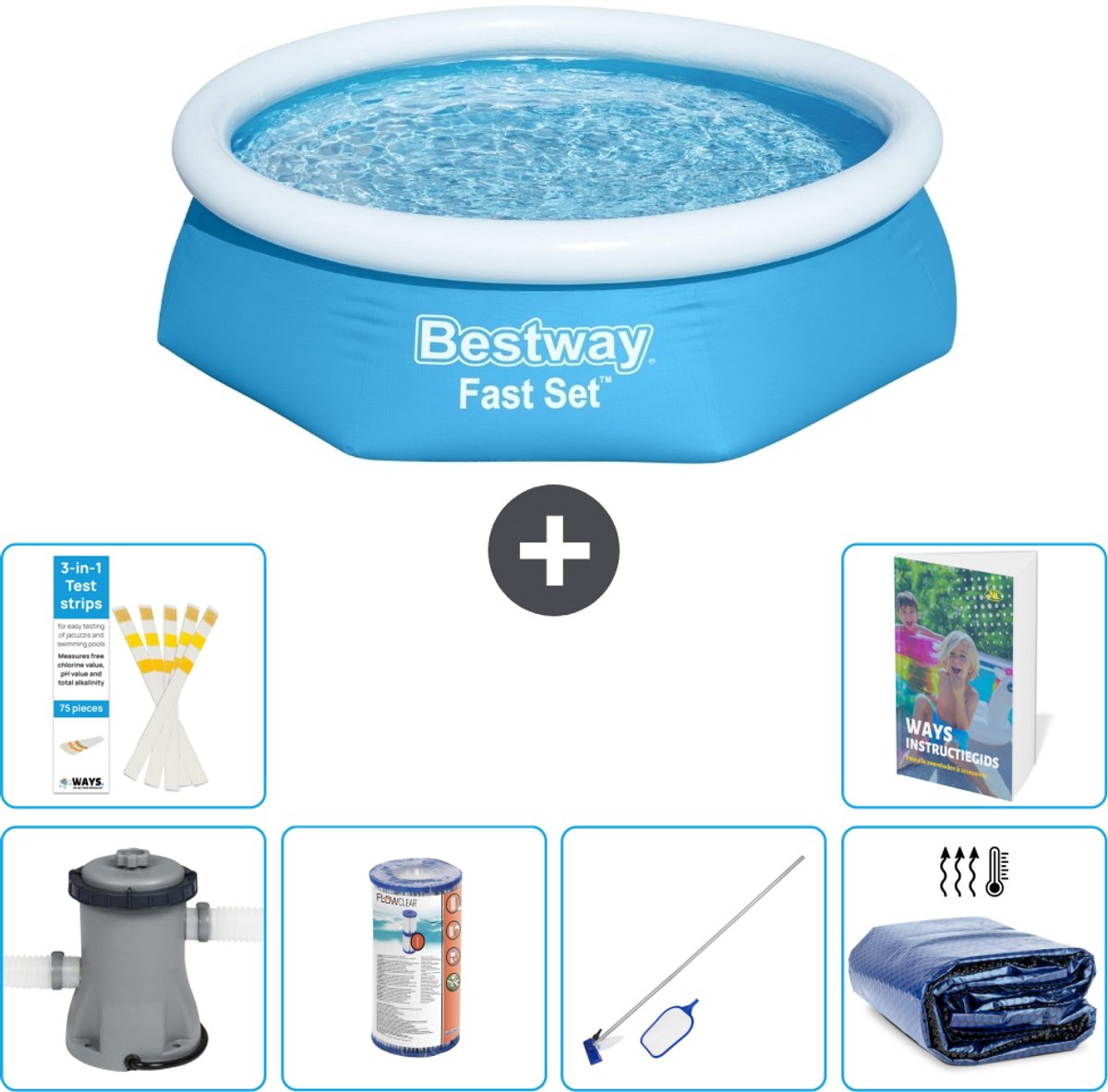 Bestway Rond Opblaasbaar Fast Set Zwembad - 244 x 61 cm - Blauw - Inclusief Pomp - Filter - Schoonmaakset - Solarzeil - 7-delig
