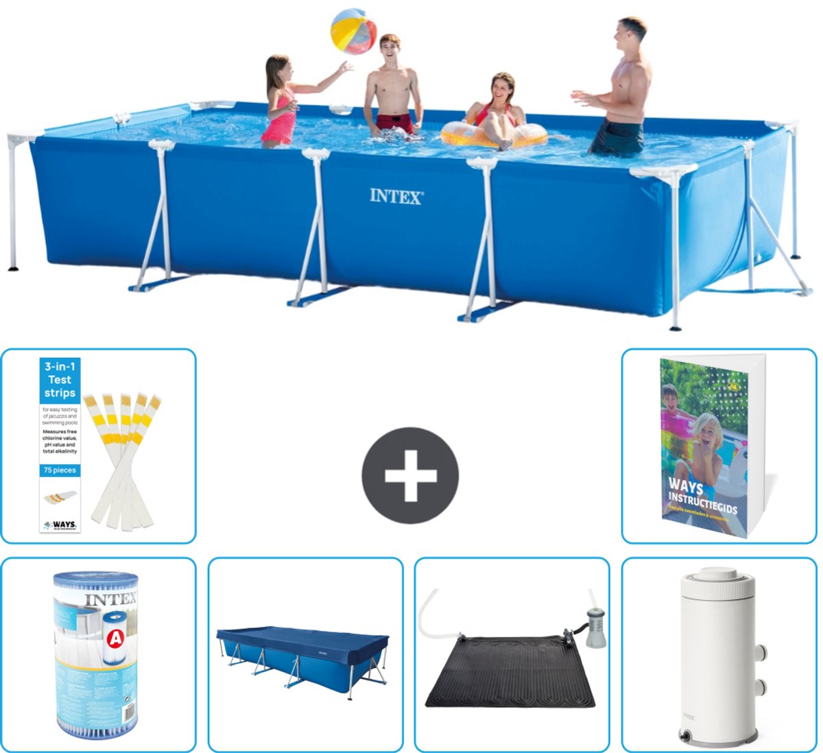 Intex Rechthoekig Frame Zwembad - 450 x 220 x 84 cm - Blauw - Inclusief Filter - Afdekzeil - Solar Mat - Zwembadfilterpomp - 7-delig
