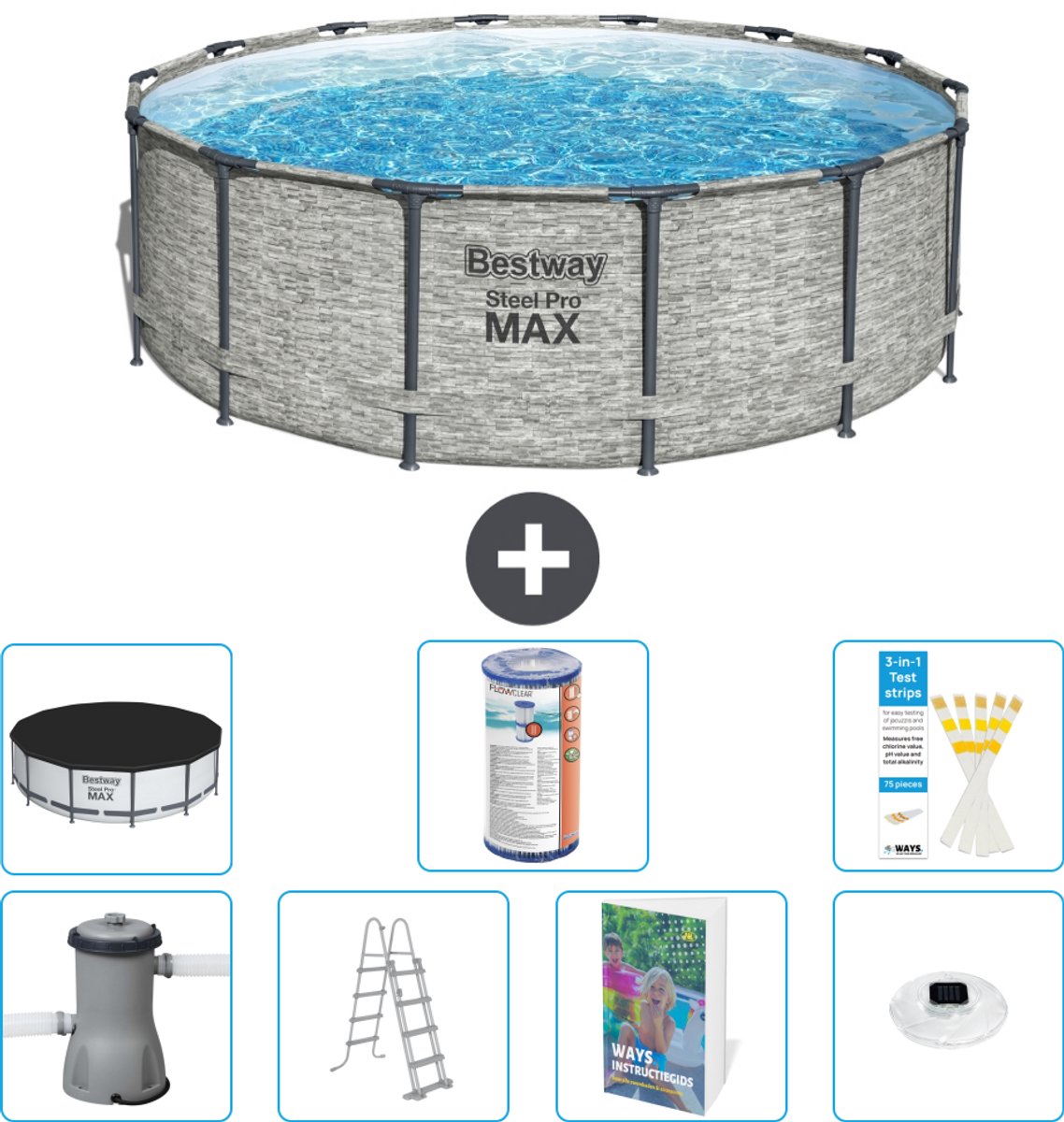Bestway Rond Steel Pro MAX Zwembad - Steenprint - 427 x 122 cm - Inclusief Pomp - Ladder - Afdekzeil - Filter - Verlichting - 8-delig
