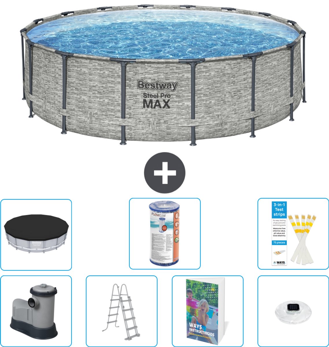 Bestway Rond Steel Pro MAX Zwembad - Steenprint - 488 x 122 cm - Inclusief Pomp - Ladder - Afdekzeil - Filter - Verlichting - 8-delig