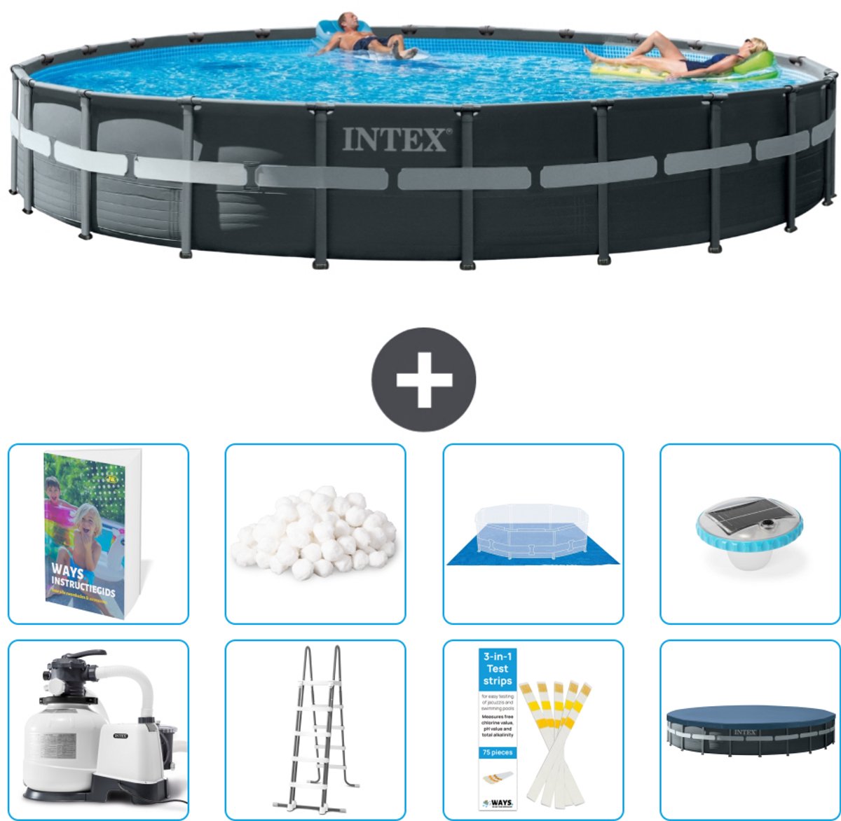Intex Rond Ultra XTR Frame Zwembad - 732 x 132 cm - Inclusief Pomp - Ladder - Grondzeil - Afdekzeil - Filterbollen - Verlichting - 9-delig