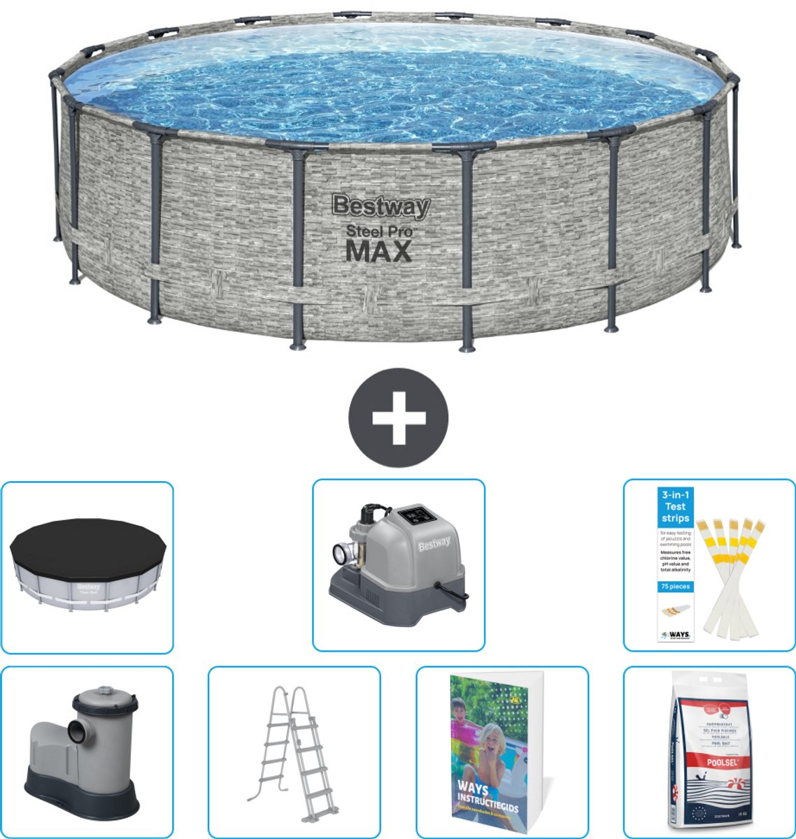 Bestway Rond Steel Pro MAX Zwembad - Steenprint - 488 x 122 cm - Inclusief Pomp - Ladder - Afdekzeil - Zoutwatersysteem - Zwembadzout - 8-delig