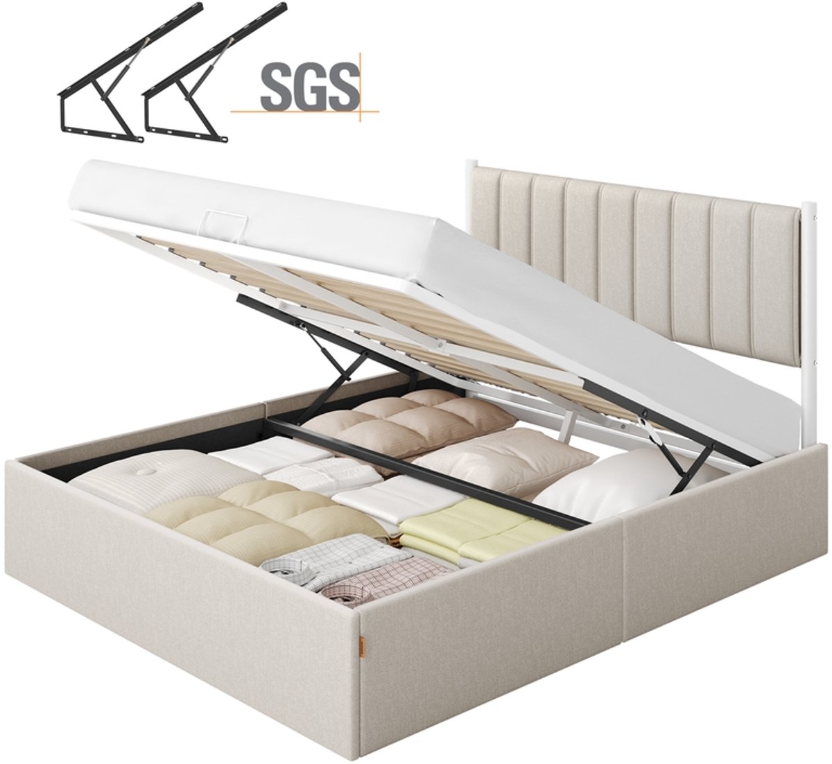 Bedframe 160 x 200 cm met opbergruimte onder het bed - Hoofdbord cappuccino beige - 209,3 x 163,4 x 110 cm - Cappuccino Beige