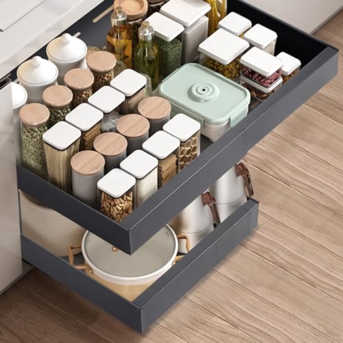 Huis Geluk Telescopische Schuiflade voor Keukenkast, Uittrekbare Lade Organizer, 32-52 cm Instelbare Breedte, 42 cm Diep, 7,5 cm Hoog, Donkergrijs, Geen Boren Nodig