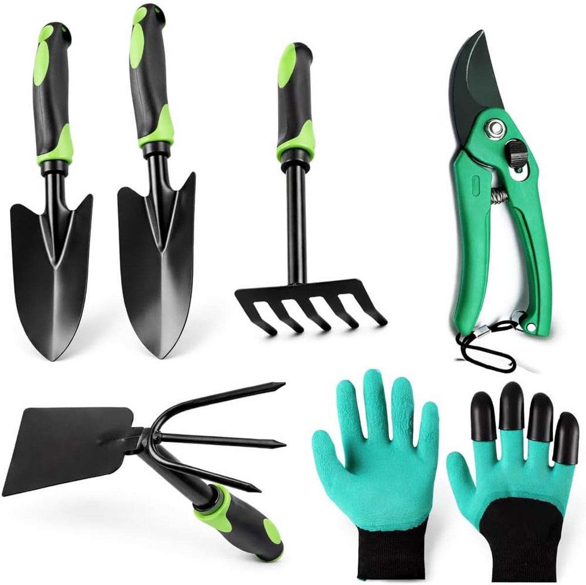 SnelShoppen - Tuingereedschapsset 6-delig met Snoeischaar, Tuinhandschoenen met Klauwen, Brede en Smalle Plantenschep, Handhark en Schoffel voor Verpo