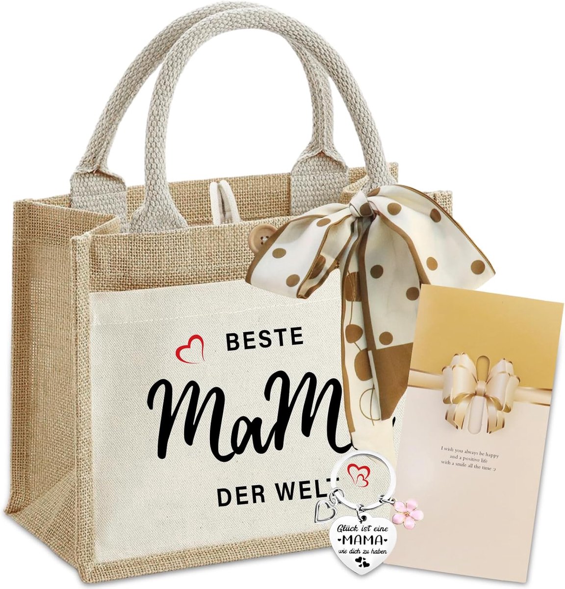 SnelShoppen - Moeder tas shopper met hart sleutelhanger, stippen, zijden sjaal en kaart - Duurzaam jute en katoen - Ideaal voor winkelen, reizen, dage