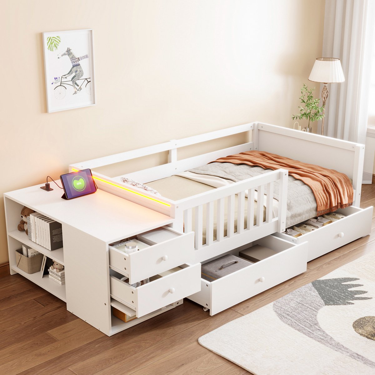 FloraGrace Kinderbed 90 x 200 cm - Hoogslaper Met Bureau, LED en Stopcontact - Met Opbergruimte en Lades - Hout - Wit - Zonder Matras