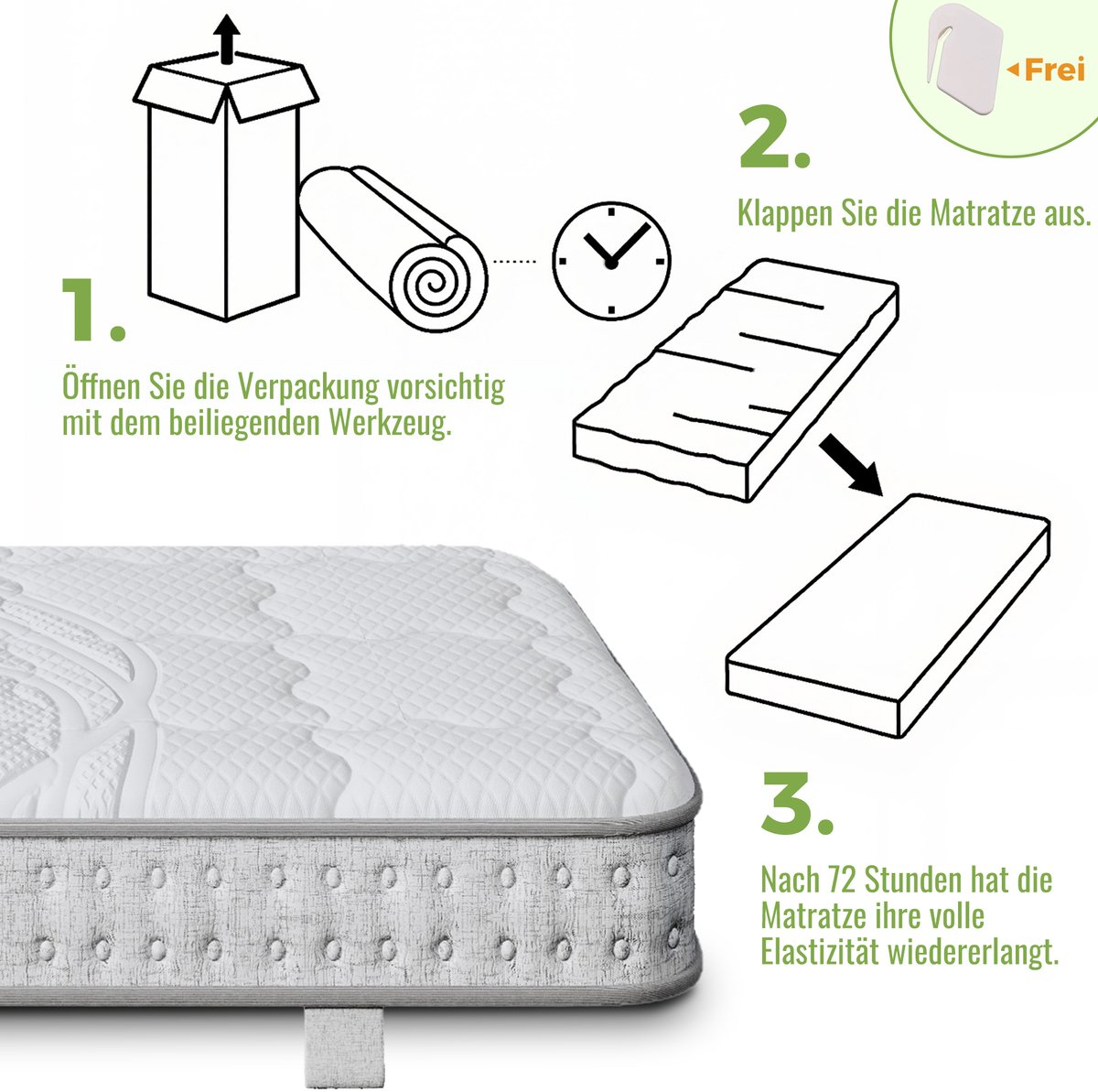 FloraGrace Matras 90x190 Cm - 7-Zones Pocketveringmatras Met Koudschuim - H3 - 15 Cm - Eenpersoonsbed - Wit - Met Matras White