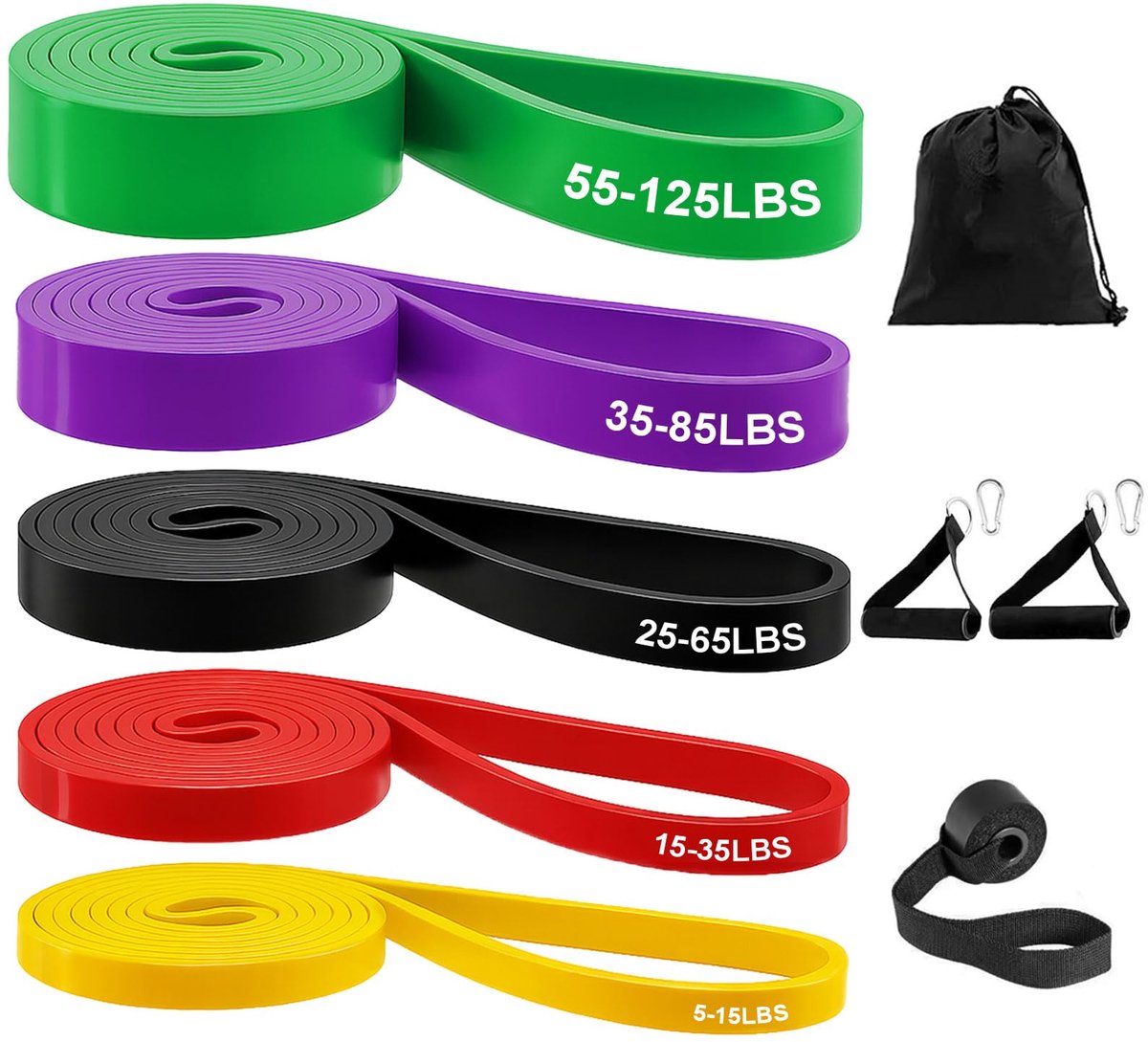 Weerstandsbanden Set - Elastische Fitness Banden met 5 Weerstandsniveaus - Spierbanden voor Krachttraining, Fitness, Pilates en Stretching - Inclusief Deuranker, Handgrepen en Draagtas - Trainingsaccessoires voor Thuis en Sportschool