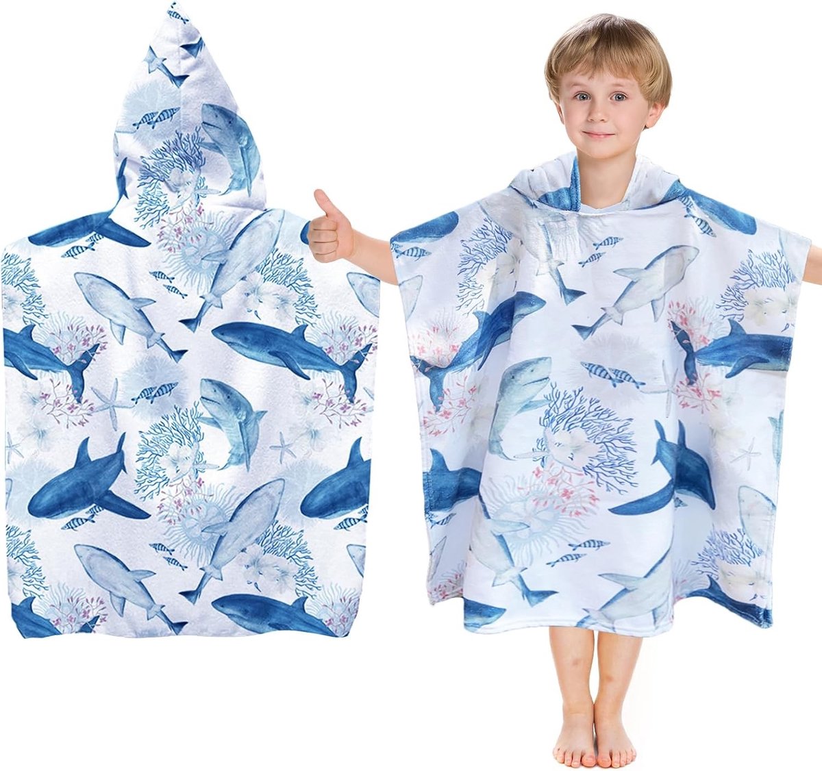Badponcho voor Kinderen met Kap, Microvezel Strandhanddoek, Ideaal voor Zwemmen en Douchen, Geschikt voor Jongens en Meisjes van 2-8 Jaar (Haai Ontwerp)