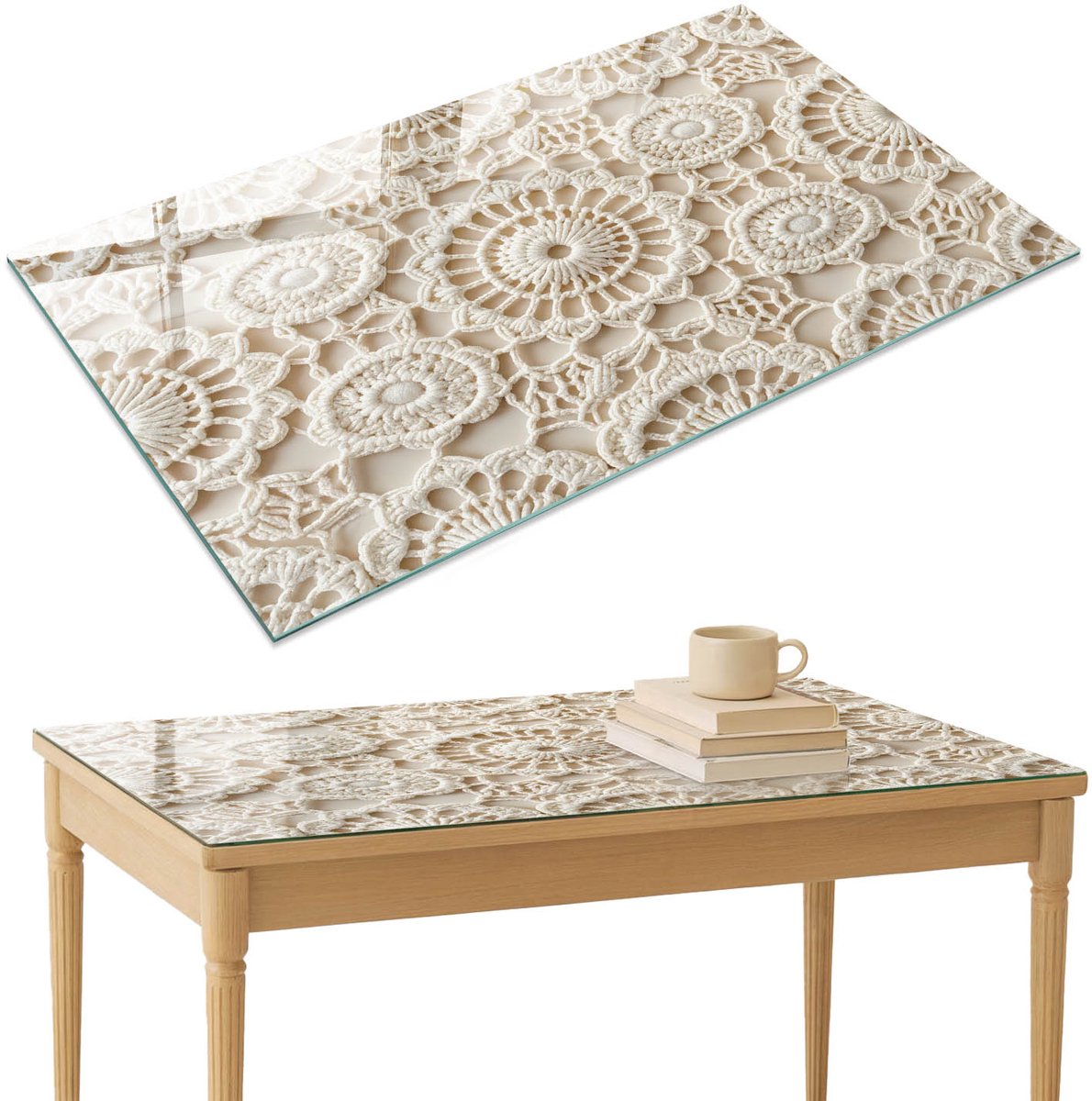 ArtPrintCave Decoratief kant Glazen Tafelblad 120x80 cm - Tafelblad Rechthoek - Beige Glazen Eettafel - Achtergronden en patronen Bureaublad