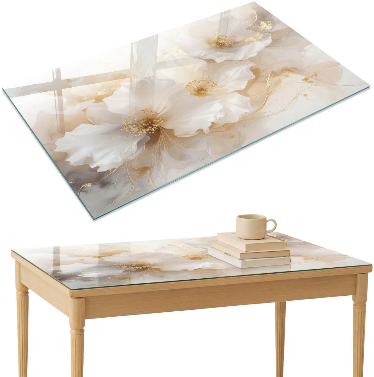 ArtPrintCave Elegante bloemen Glazen Tafelblad 120x80 cm - Tafelblad Rechthoek - Romig Glasplaat - Bloemen en planten Keukentafel